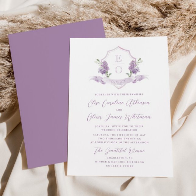 Lilac Floral Monogram Crest Wedding Invitation (Creator Uploaded)