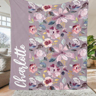 Lilac Floral Pattern Monogram Fleece Blanket