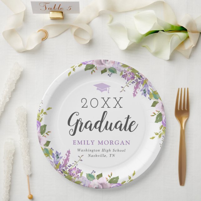 Lilac Floral Personalized Graduation Party Paper Plate (Wedding)