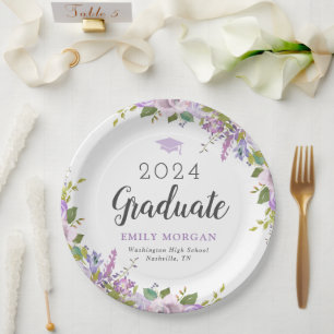 Lilac Floral Personalized Graduation Party Paper Plate