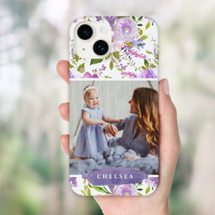 Lilac Floral Photo and Monogram iPhone 13 Mini Case