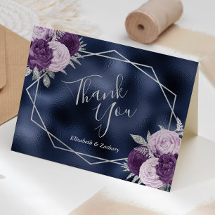 Lilac Floral Silver Navy Blue Foil Wedding Thank You Card