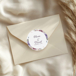Lilac Floral Wedding Name Date Sticker