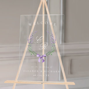 Lilac Floral Wreath & Bow Monogram Wedding Welcome Acrylic Sign