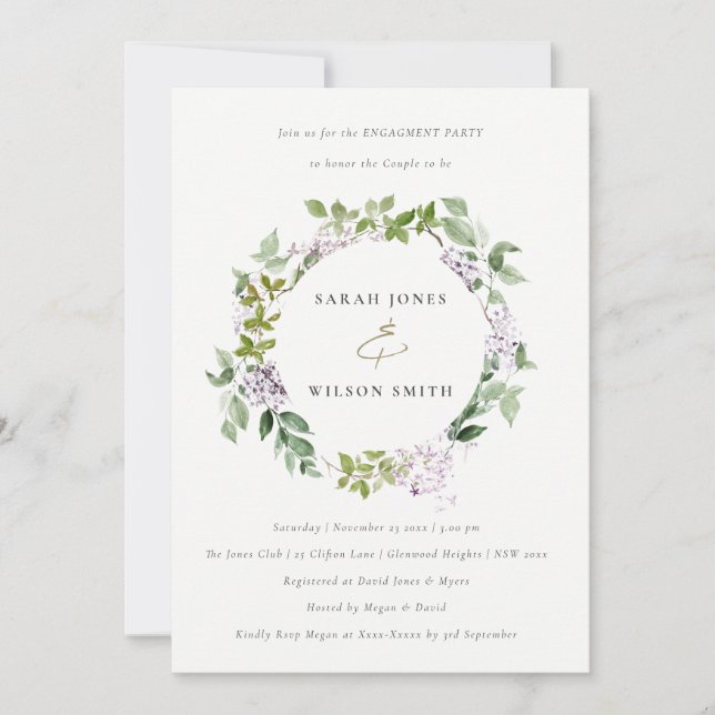 Lilac Floral Wreath Cottage Garden Engagement Invitation (Front)