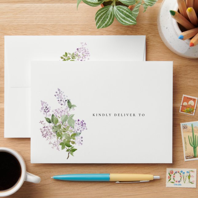 Lilac Floral Wreath Cottage Garden Wedding Envelope (Desk)