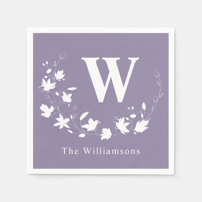 Lilac Floral Wreath Line Art Monogrammed Classic Napkin (Front)