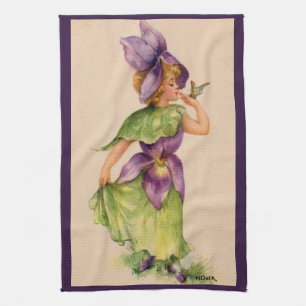 lilac flower girl print kitchen towel