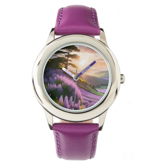 Lilac Flowers Bloom on Hill at Sunset Glow Watch (Front)