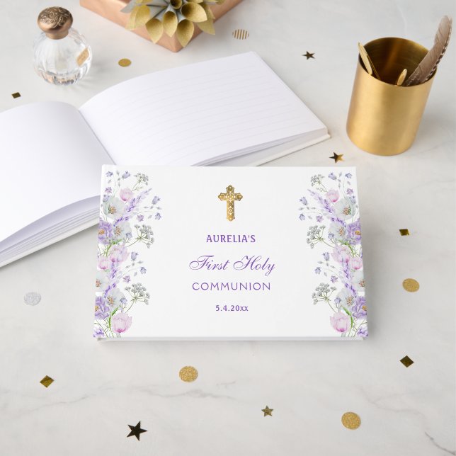 Lilac Flowers First Communion Guest Book (Front Open)