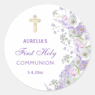Lilac Flowers First Communion Round Sticker