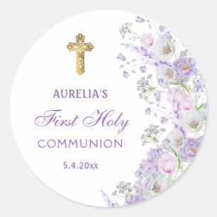 Lilac Flowers First Communion Round Sticker
