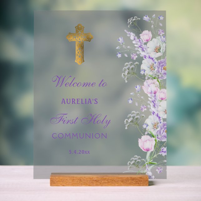 Lilac Flowers First Communion Welcome Acrylic Sign (Neutral)