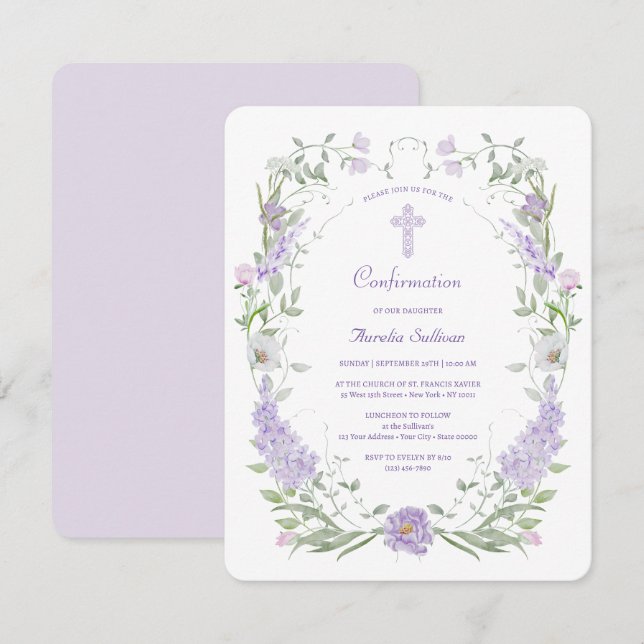 Lilac Flowers Frame Confirmation Invitation (Front/Back)
