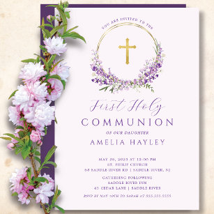 Lilac Flowers Girls First Communion Invitation