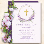Lilac Flowers Girls First Confirmation Invitation<br><div class="desc">Beautiful First Communion invitations featuring a lavender lilac wreath and cross set on a light purple background.  Flip our invitation over to view a coordinating back for an extra special touch.</div>