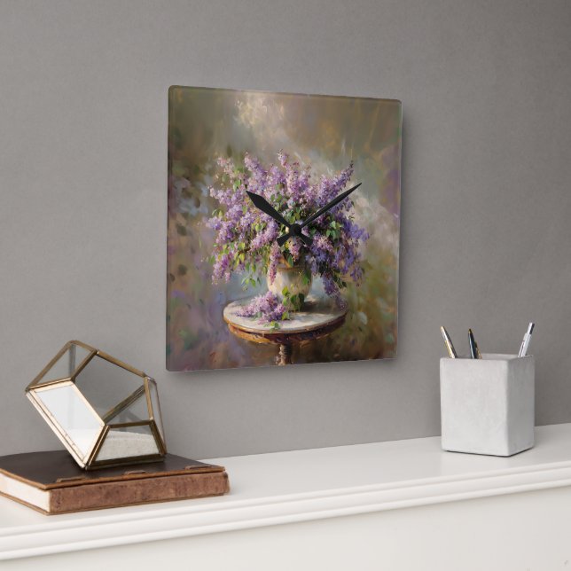 Lilac Flowers in Vase Square Wall Clock (Office)