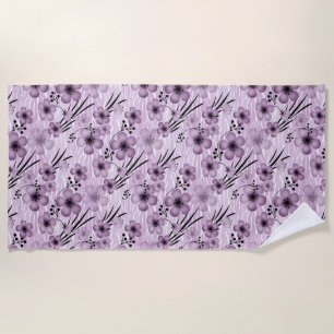 Lilac flowers pattern on tiger background beach towel