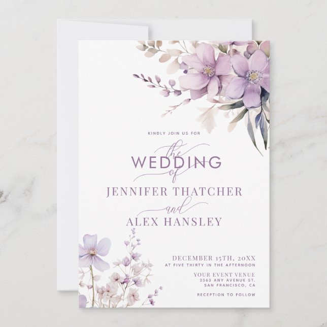 Lilac Flowers Rustic Script Floral QR Code Wedding Invitation (Front)