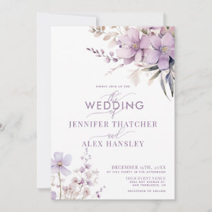 Lilac Flowers Rustic Script Floral QR Code Wedding Invitation