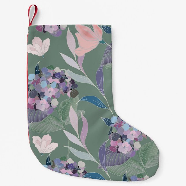 Lilac Flowers Sage Grey Pattern Small Christmas Stocking (Front)