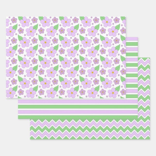 Lilac Flowers, Stripes and Chevron Paper Sheets (Set)