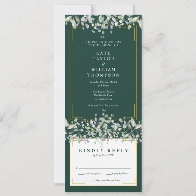 Lilac Foliage Emerald Green All In One Wedding Invitation (Front)