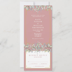 Lilac Foliage Floral Dusty Rose All In One Wedding Invitation