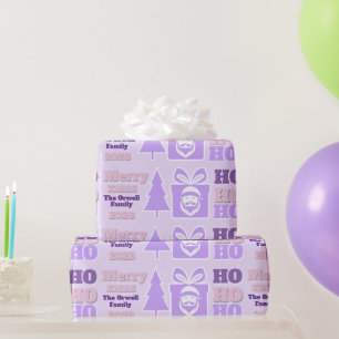 Lilac fun Santa Face Logo Ho Ho Ho Message Text Wrapping Paper