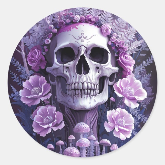 Lilac Garden Goth Skull, Purple Fantasy Classic Round Sticker (Front)