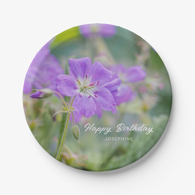 Lilac Geranium Wildflower Photo Happy Birthday Paper Plate (Front)