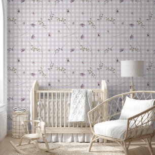 Lilac gingham floral wallpaper