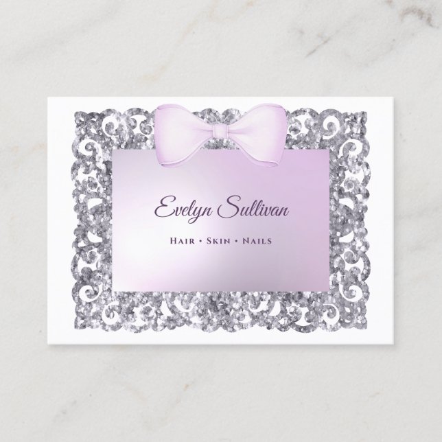 Lilac glitter frame bow business card (Front)
