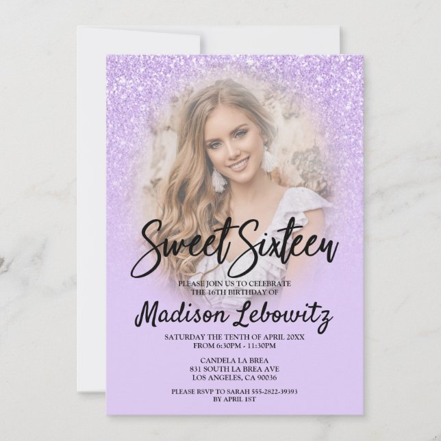 Lilac Glitter Glam Sweet 16 Photo Invitation (Front)