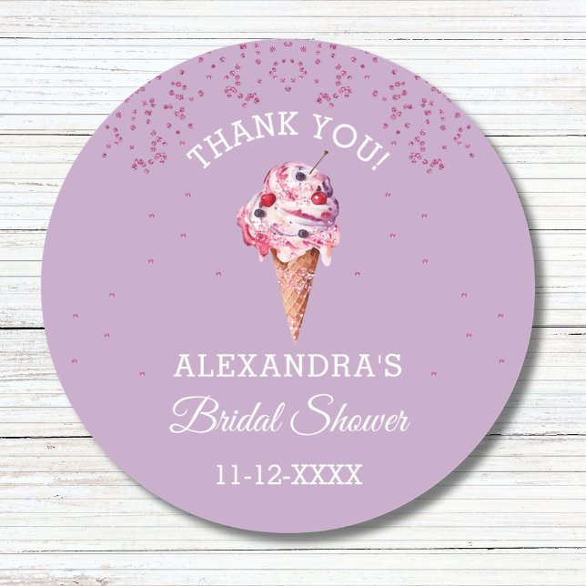 Lilac Glitter Ice Cream Bridal Shower Thank You Classic Round Sticker (Creator Uploaded)