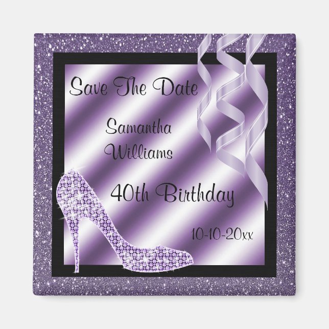 Lilac Glittery Stiletto & Streamers 40th Birthday Magnet (Front)