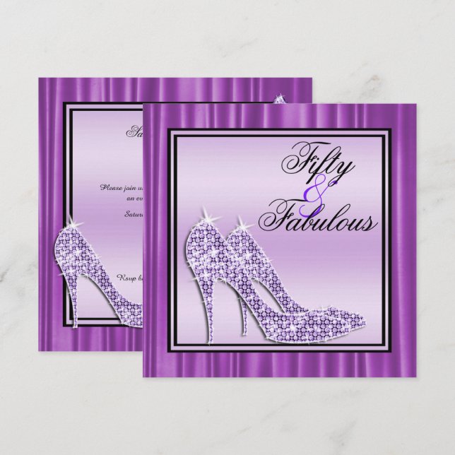 Lilac Glittery Stilettos & Music Fabulous 50 Invitation (Front/Back)