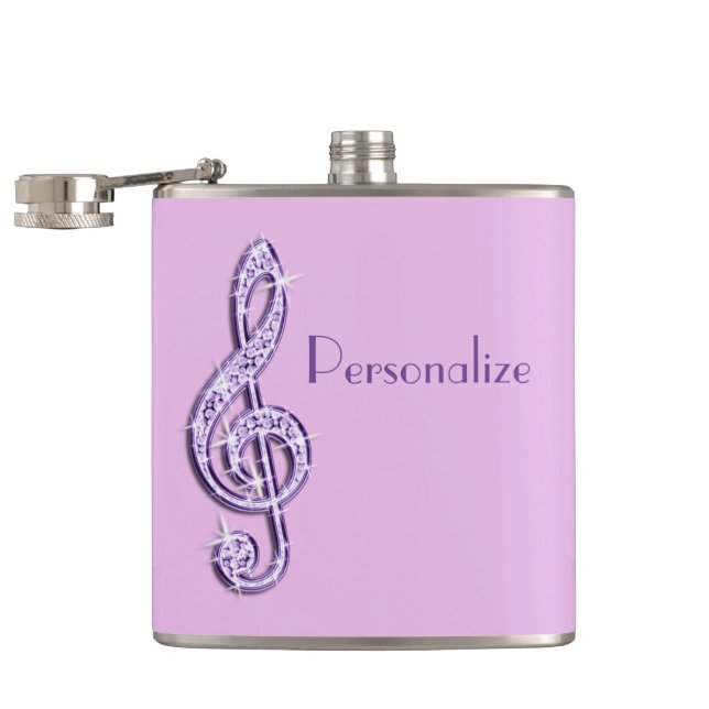 Lilac Glitzy Sparkly Music Notes Hip Flask (Opened)