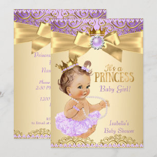 Lilac Gold Ballerina Princess Baby Shower Brunette Invitation