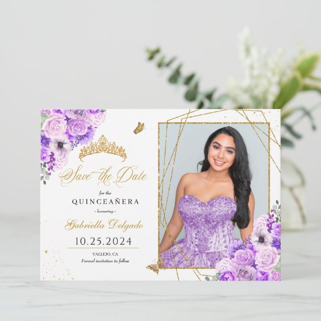 Lilac & Gold Carte photo Quinceañera Enregistrer L (Debout devant)