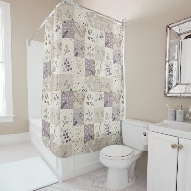  Lilac Green Patchwork Quilt Rustic Floral Retro  (In Situ)