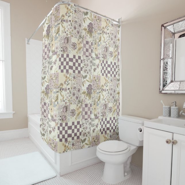  Lilac Green Patchwork Quilt Rustic Floral Retro  (In Situ)