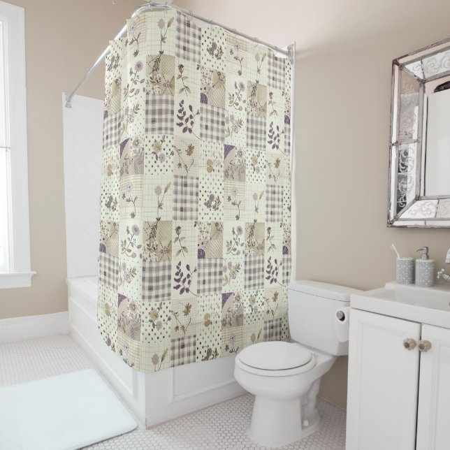  Lilac Green Patchwork Quilt Rustic Floral Retro  (In Situ)