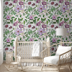 Lilac Green White Vintage Botanical Flowers Wallpaper