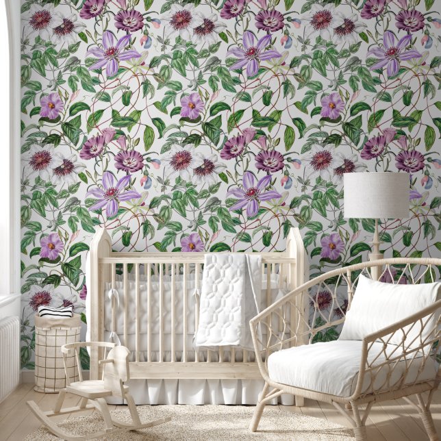 Lilac Green White Vintage Botanical Flowers Wallpaper (Kids)