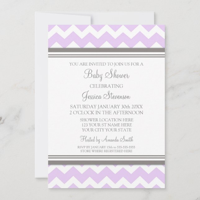 Lilac Grey Chevron Custom Baby Shower Invitations (Back)