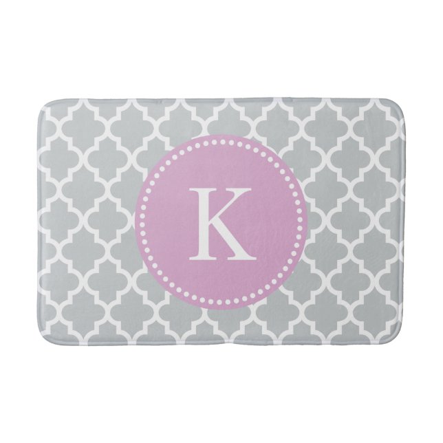 Lilac Grey Custom Monogram Quatrefoil Pattern Bath Mat (Front)