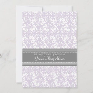 Lilac Grey Damask Custom Baby Shower Invitations