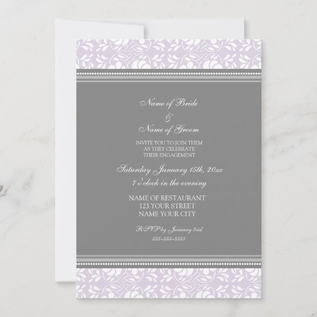 Lilac Grey Damask Engagement Party Invitations (Front)