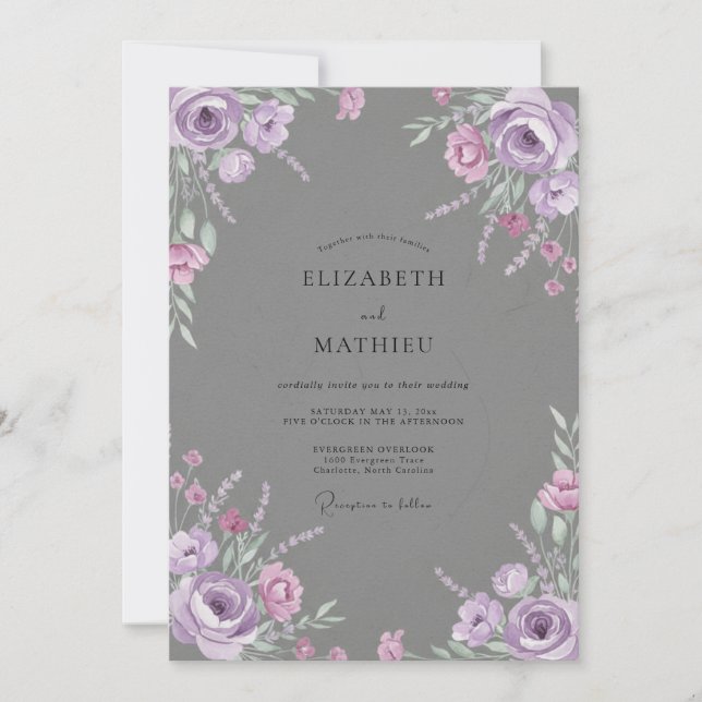 Lilac Grey Leafy Wedding Invitation (Front)